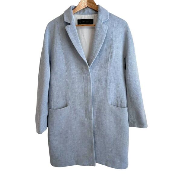 Zara Women's Light Blue Linen Viscose Blend Coat Size Small - Picture 4 of 11